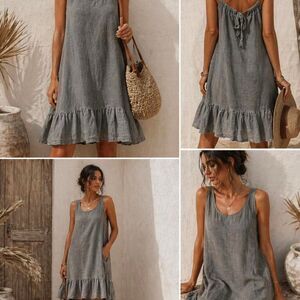 Flowy Boho 100% Linen hi-low  Dress cottagecore Neutral Summer s/m Tempo Paris